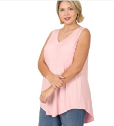 LUXE RAYON SLEEVELESS V-NECK HI-LOW HEM TOP