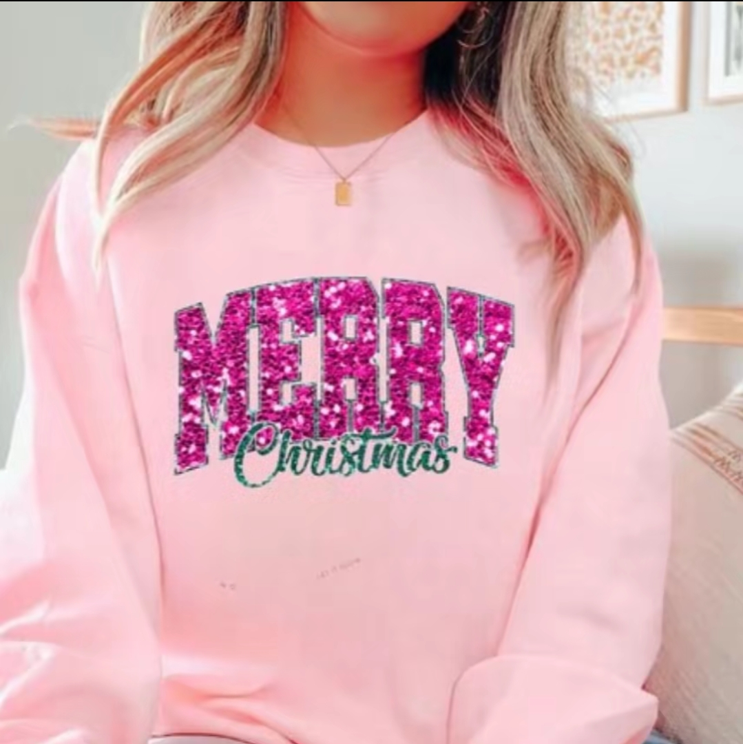 Pink Faux Merry Christmas Tee or Sweatshirt