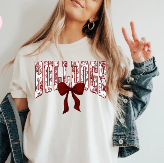Bulldogs Floral Lace Print with Bow Graphic Tee
