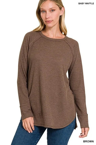 MELAGE BABY WAFFLE LONG SLEEVE TOP-Zenana