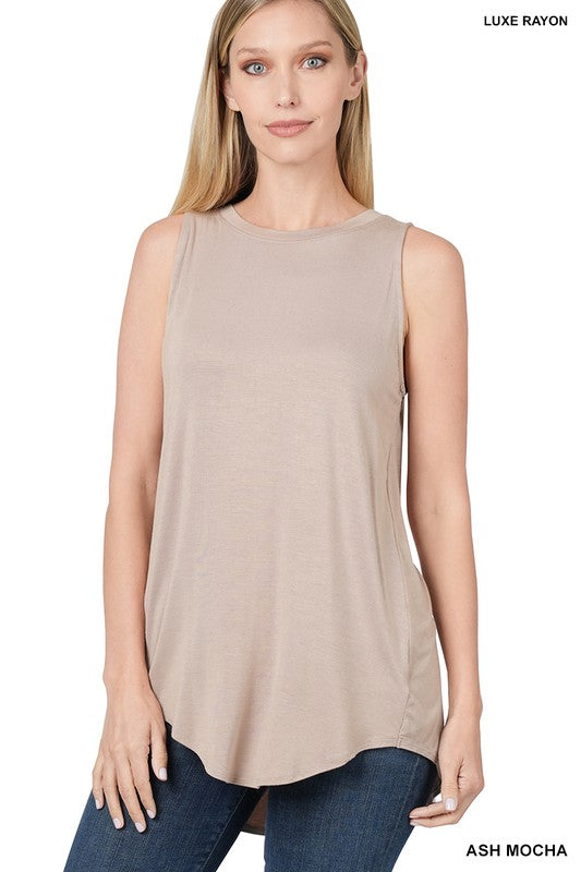 LUXE RAYON SLEEVELESS V-NECK HI-LOW HEM TOP