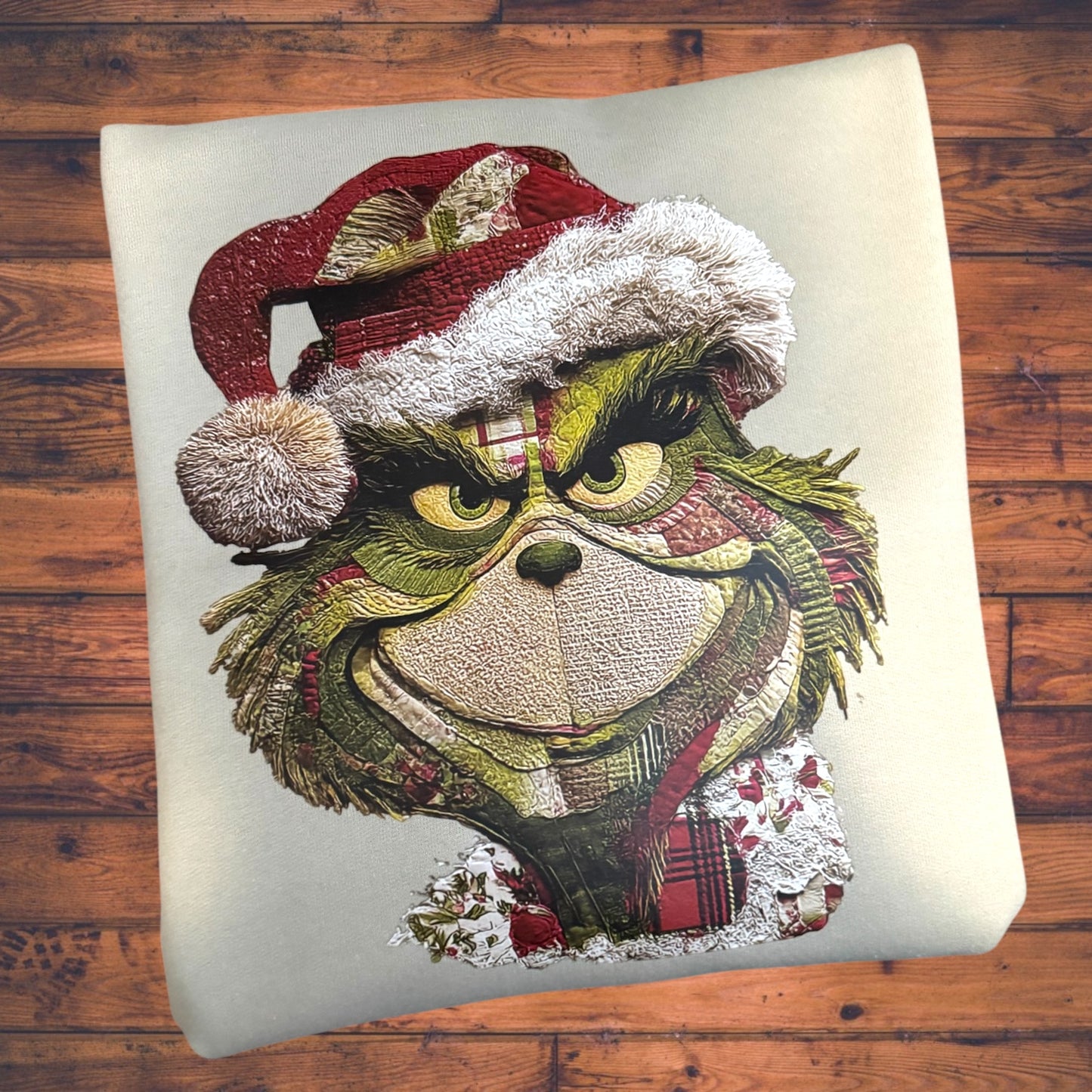 Faux Yarn Patchwork Grinch Sweatshirt