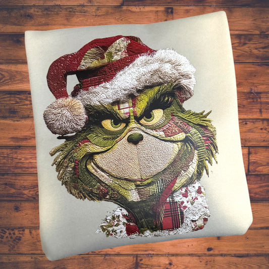 Faux Yarn Patchwork Grinch Sweatshirt