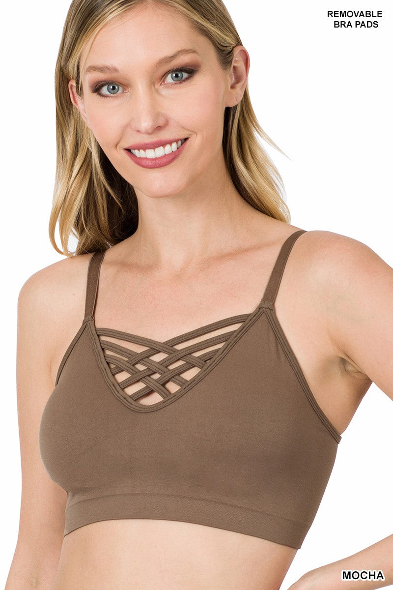 FRONT V-LATTICE BRALETTE WITH REMOVABLE BRA PADS