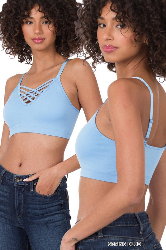 FRONT V-LATTICE BRALETTE WITH REMOVABLE BRA PADS