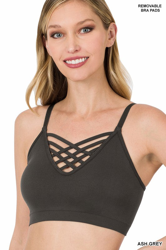 FRONT V-LATTICE BRALETTE WITH REMOVABLE BRA PADS