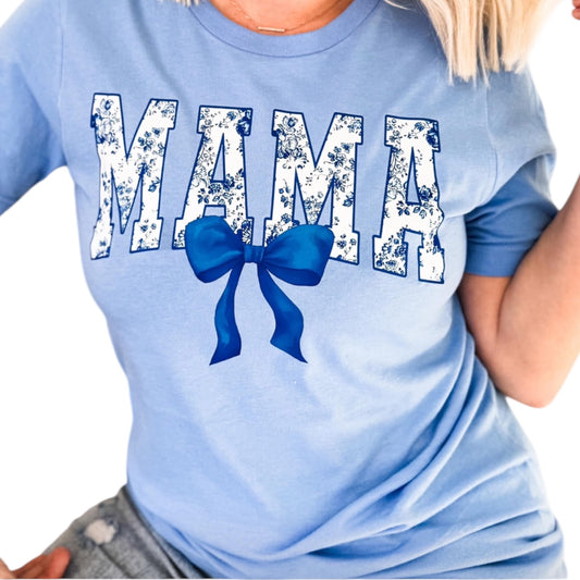 Blue Floral Mama with Bow Graphic Tee
