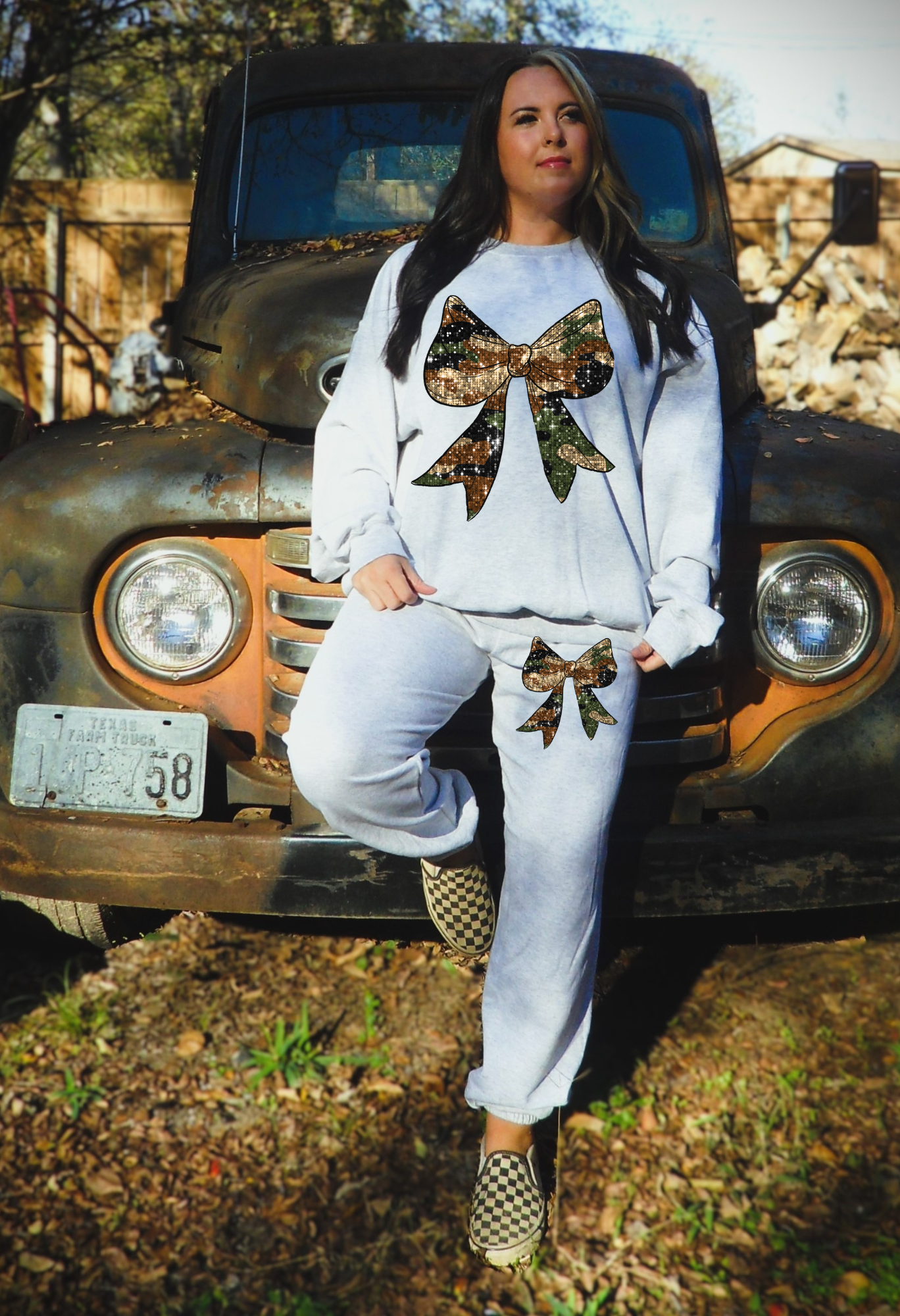 Glitter Camo Bow Sweat Suit Set