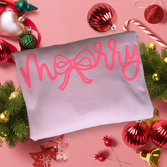 Merry Puff Print With Bow Crew Neck