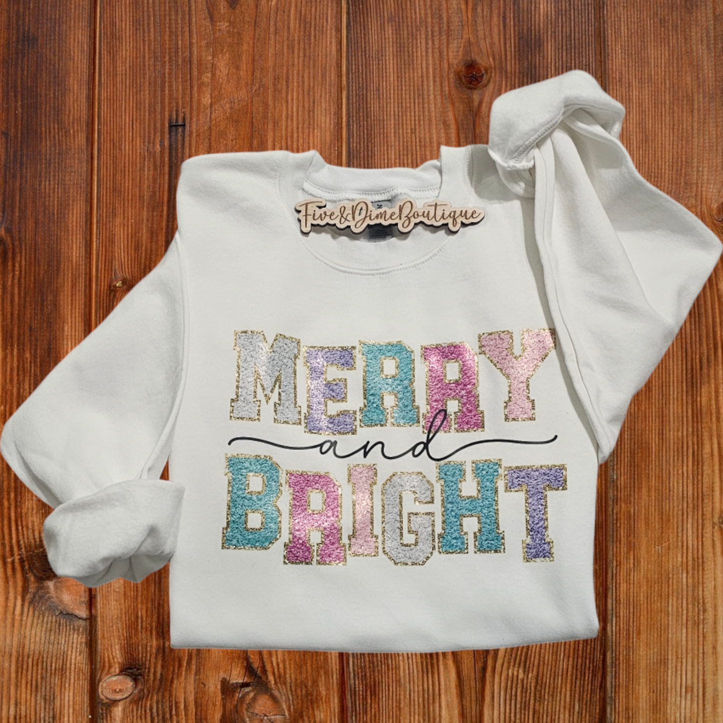 Merry and Bright Faux Embroidered Glitter Sweatshirt