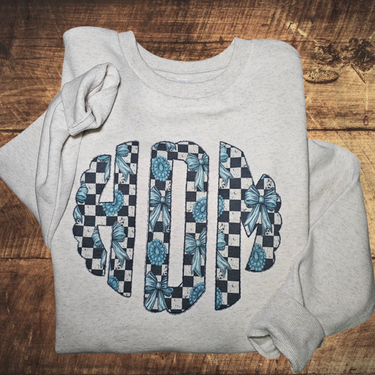 Turquoise Checkered Monogram Tee or Sweatshirt