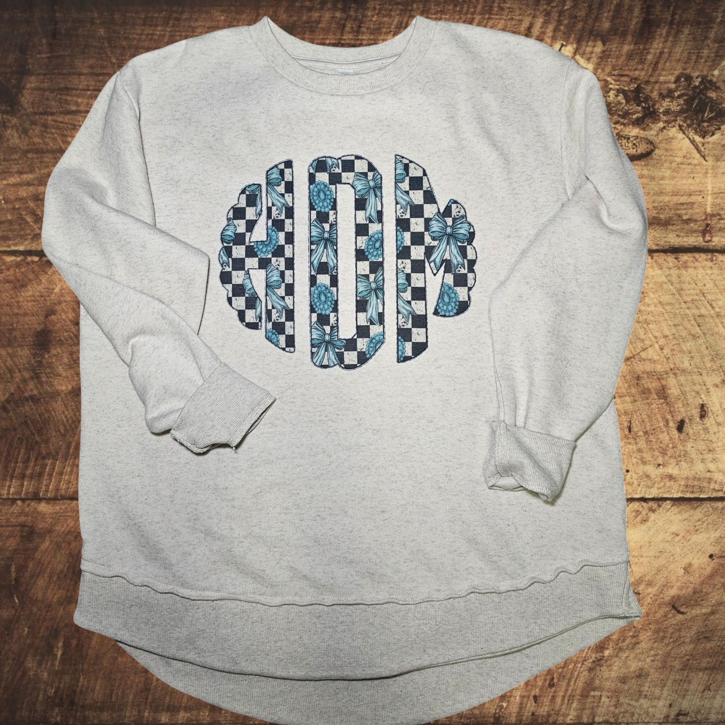Turquoise Checkered Monogram Tee or Sweatshirt