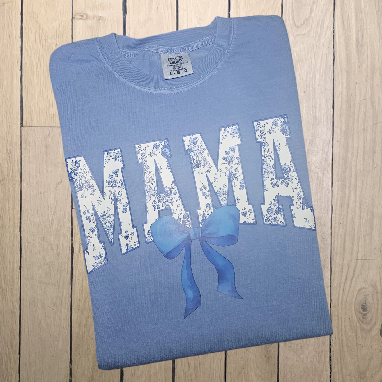 Blue Floral Mama with Bow Graphic Tee