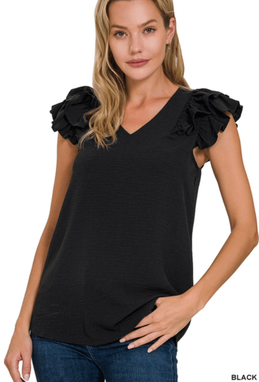 WOVEN AIRFLOW TIERED RUFFLE SLEEVE TOP