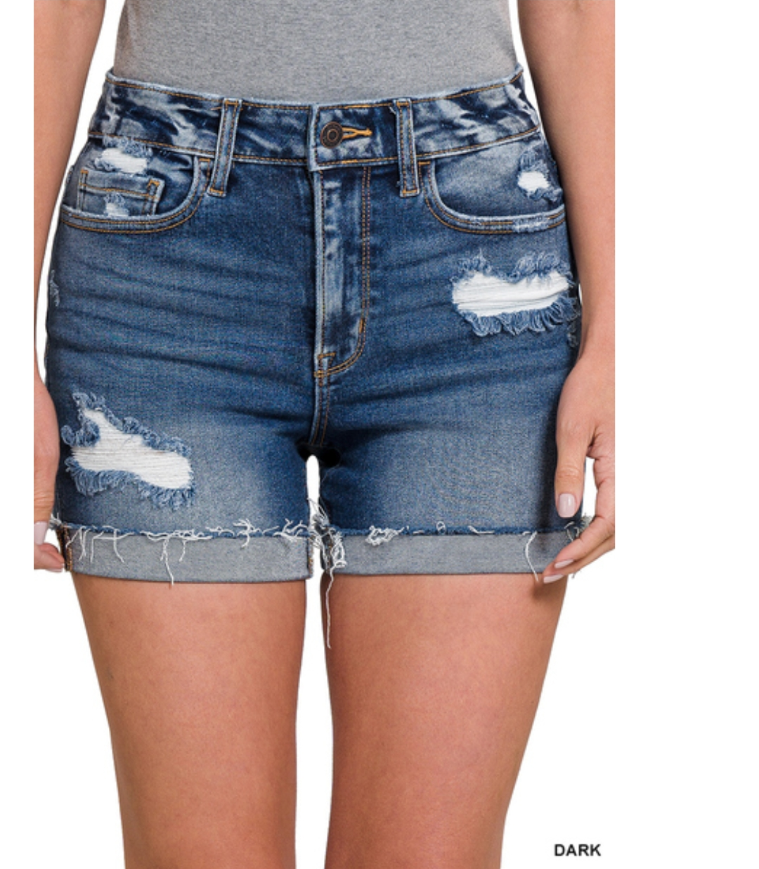 DISTRESSED CUFFED RAW HEM SHORTS