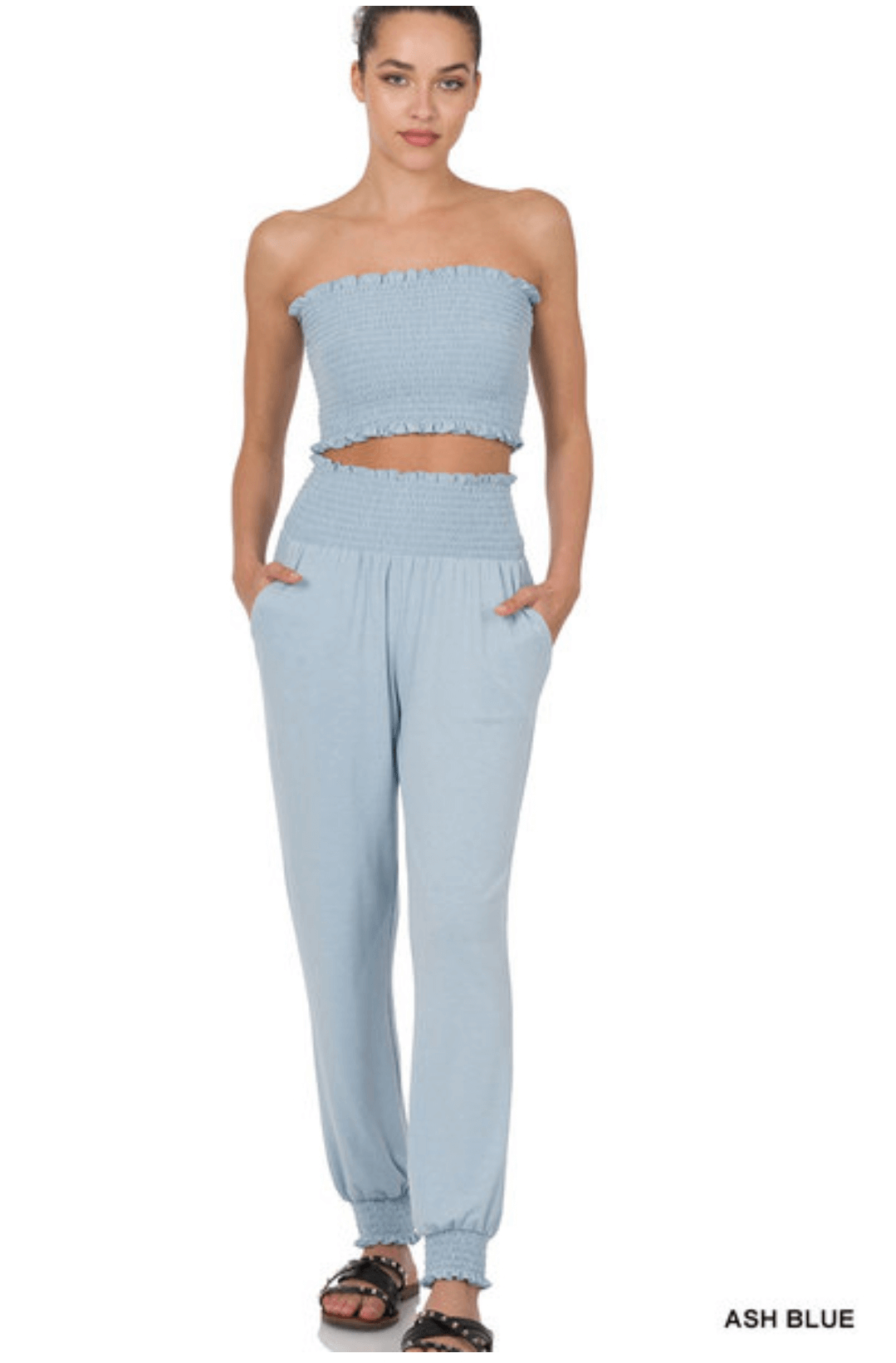 SMOCKED TUBE TOP & JOGGER PANTS