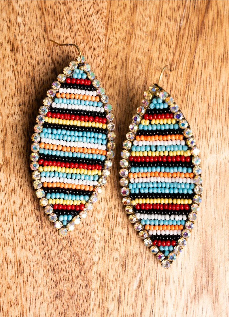 CRYSTAL TRIMMED COLORFUL SEED BEAD STRIPED MARQUISE EARRINGS