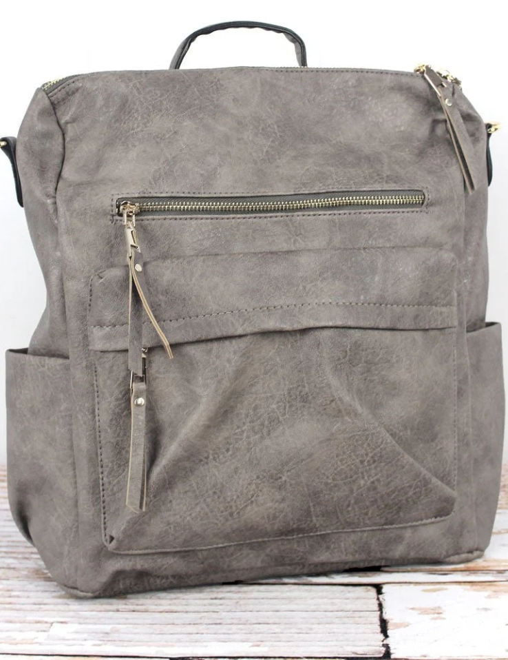 TAUPE GRAY FAUX LEATHER BACKPACK TOTE