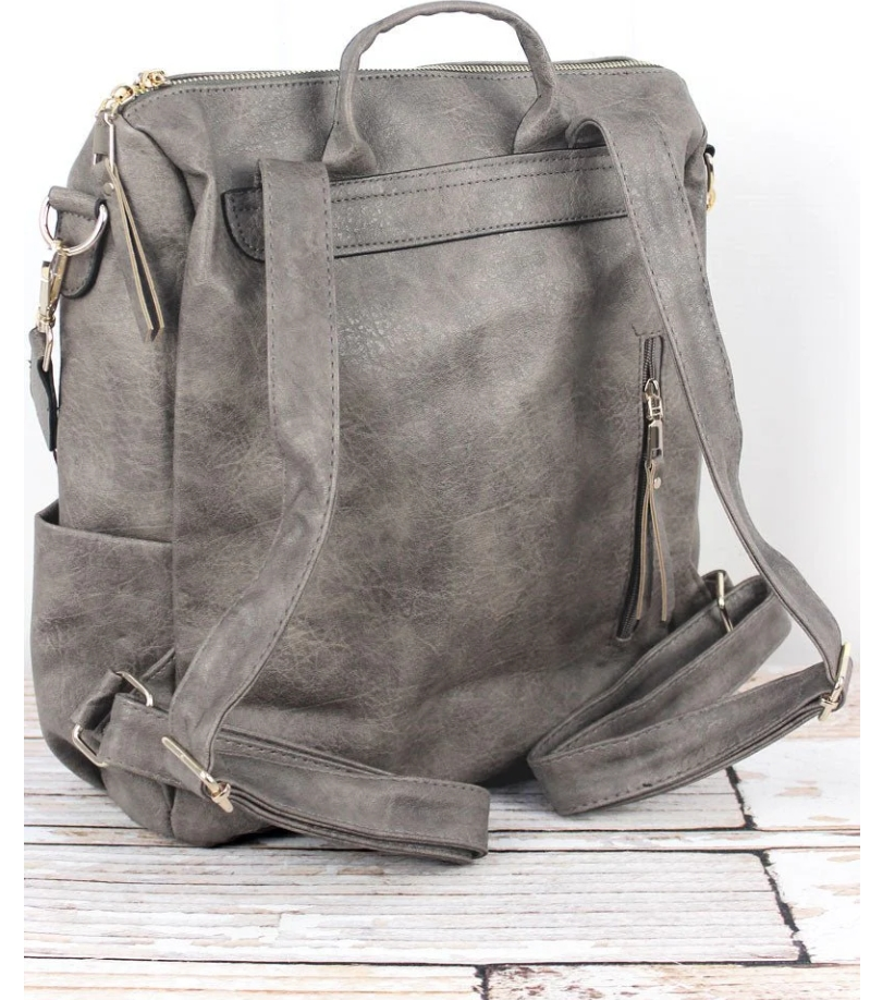 TAUPE GRAY FAUX LEATHER BACKPACK TOTE