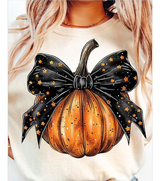 Pumpkin Graphic Tee or Sweatshirt with Black Bow