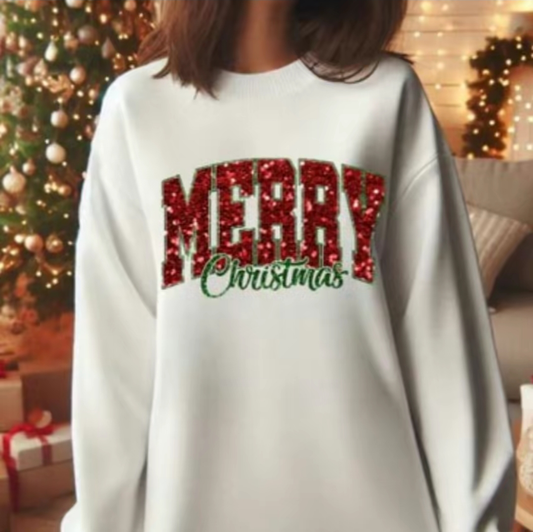 Red Faux Sequin Merry Christmas Sweatshirt