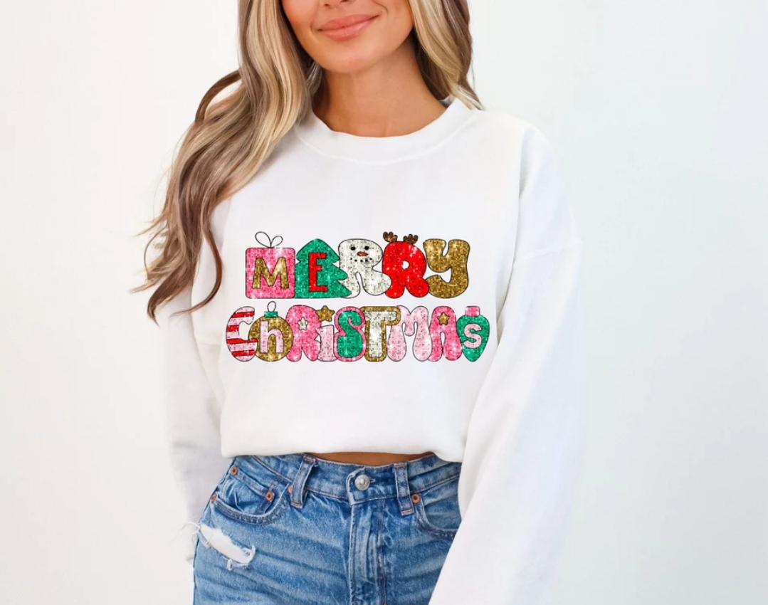 2 for $40.00 Mystery Christmas Glitter Print Sweatshirt