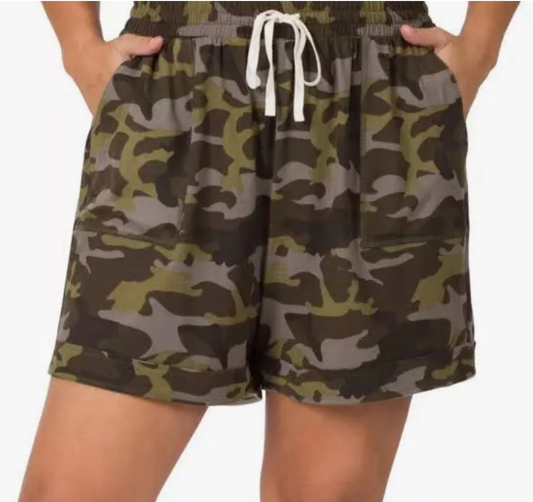 ZENANA Brushed Microfiber Camouflage Drawstring Waist Women's Shorts