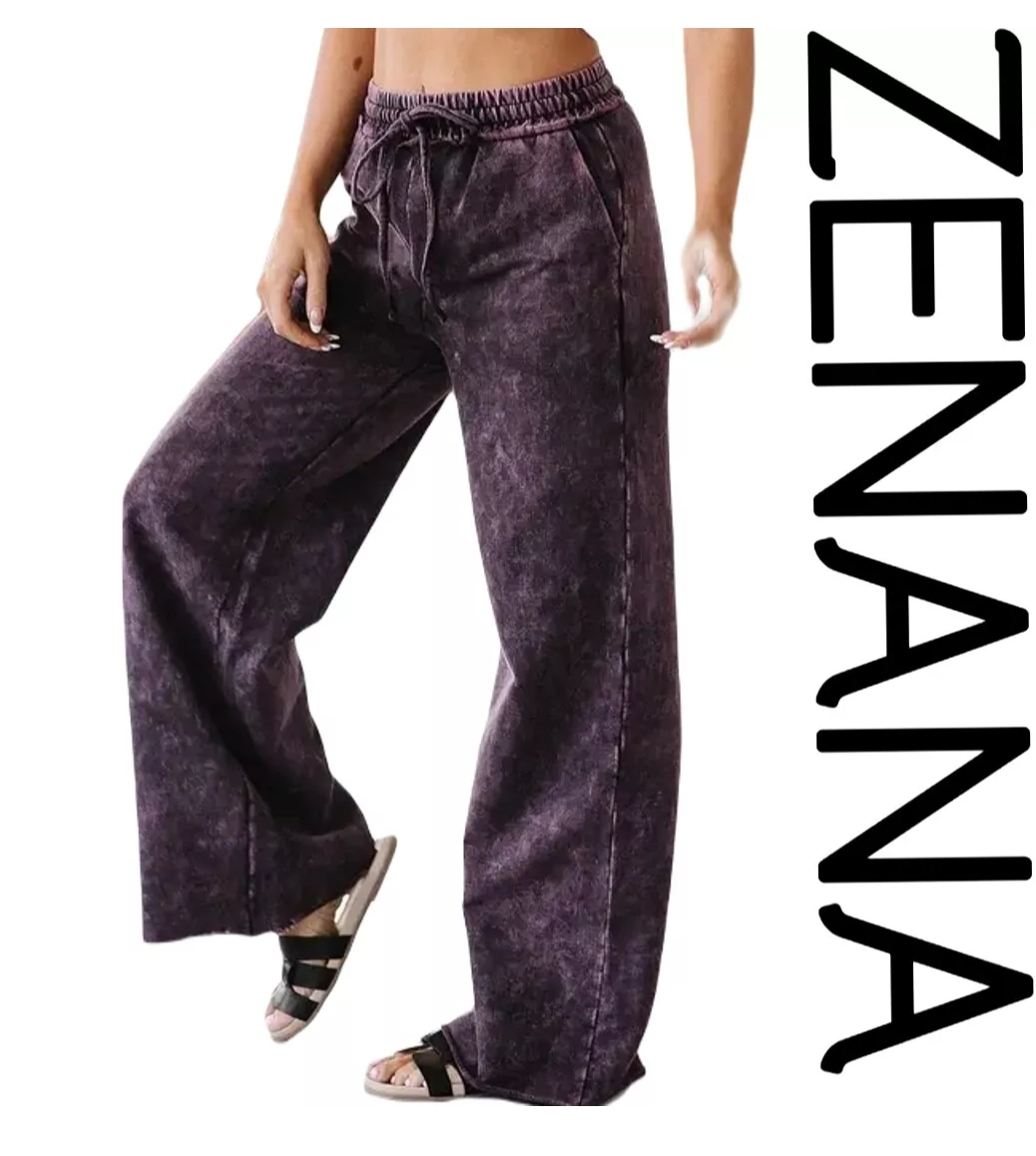 ZENANA French TERRY MINERAL WASHED DRAWSTRING WAIST PANT