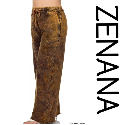ZENANA French TERRY MINERAL WASHED DRAWSTRING WAIST PANT