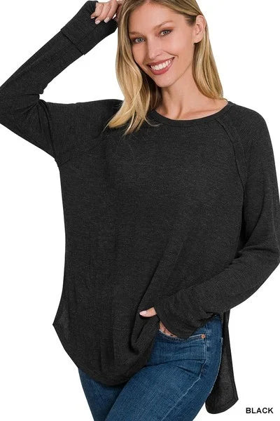 MELAGE BABY WAFFLE LONG SLEEVE TOP-Zenana