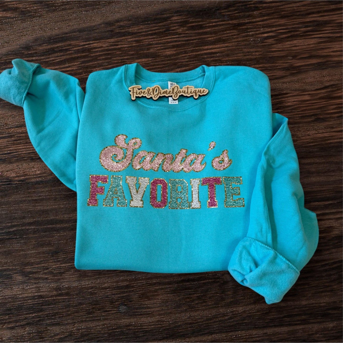 Santas Favorite Faux Embroidered Christmas Sweatshirt