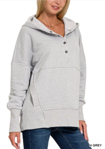 HALF BUTTON HOODED PULLOVER WITH KANGAROO POCKET