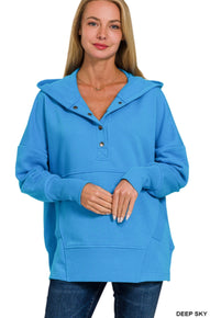 HALF BUTTON HOODED PULLOVER WITH KANGAROO POCKET