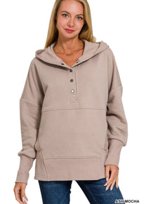 HALF BUTTON HOODED PULLOVER WITH KANGAROO POCKET